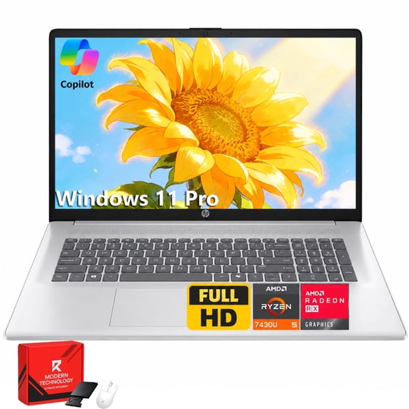 HP 17.3" FHD AI PC Laptop, AMD Ryzen 5 7430U, 8GB RAM, 256GB SSD, Windows 11 Pro, Silver