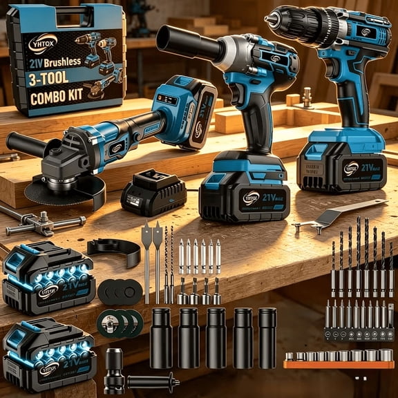 3-Piece Brushless Cordless Power Tool Combo Kit, including impact wrench, angle grinder and impact drill. Comes with batteries and chargers, ideal for concrete drilling, home renovation, household us