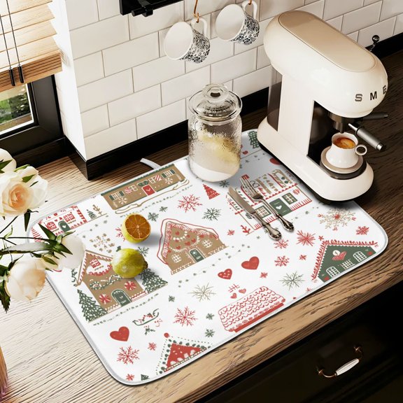 Yayeee Dish Drying Mat for Kitchen Counter 16" x 18" Microfiber Super Absorbent Coffee Decorative Pad, Red Nordic Christmas House