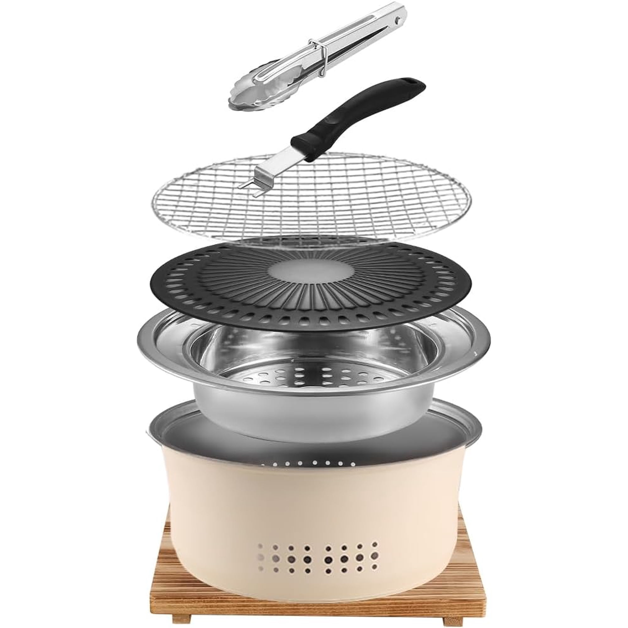 10.5" Round Stainless Steel Portable Charcoal BBQ Grill, Non-Stick Dual Purpose Hot Pot Charcoal Stove for Camping & Family Backyard Party