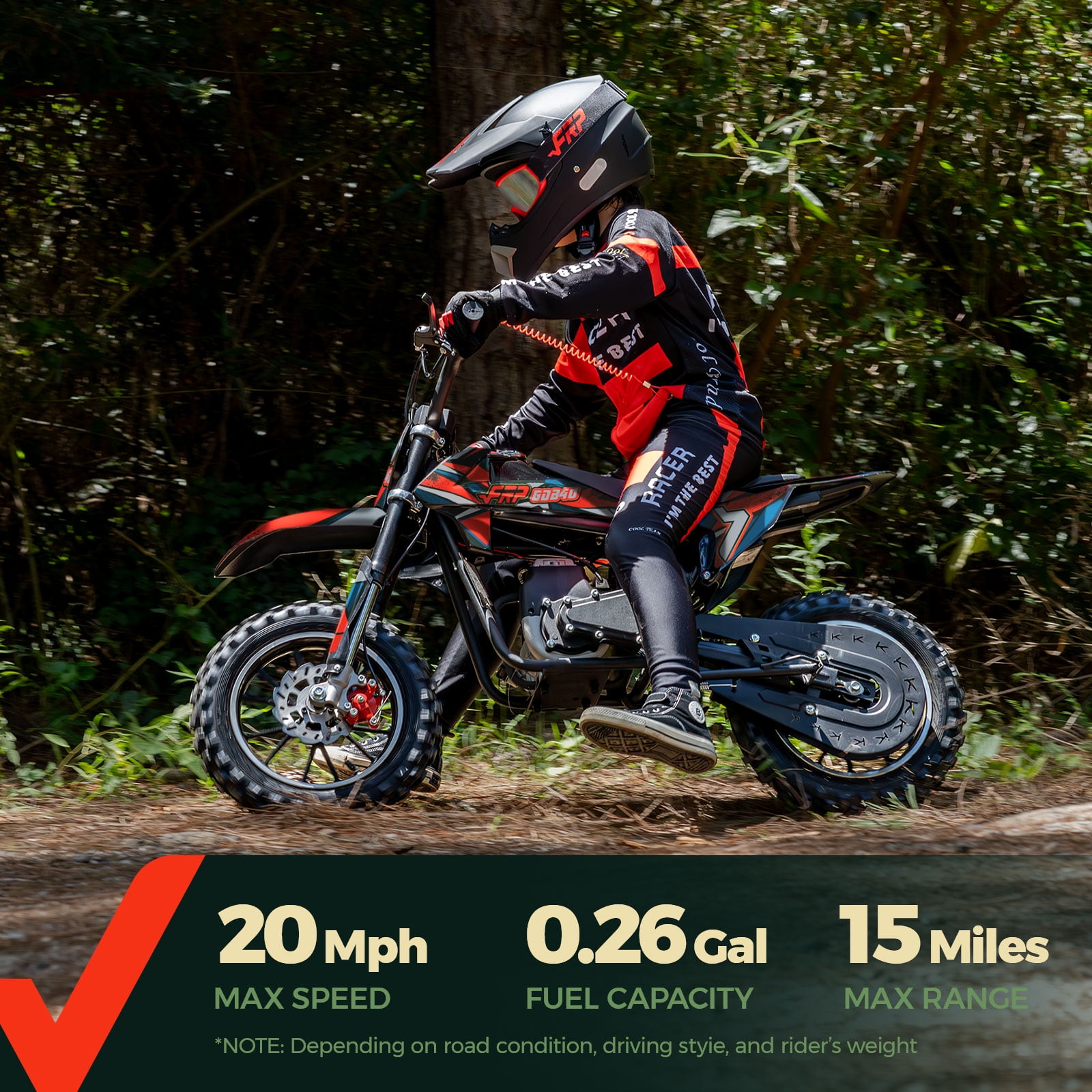 FRP FX40 40cc 4-Stroke Gas Powered Dirt Bike with Training Wheels, Safety Kill Switch, Max Speed 20 MPH, Front & Rear Disc Brakes, Stability Enhancement, EPA Certified - Red