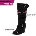 thumbnail image 4 of Love Steetly Women's Extra Wide Calf Knee High Boots, Soft Faux Suede, Two Large Round Buckle Straps, Slouchy Ruched Shaft Textured Stacked Heel Boots., 4 of 8