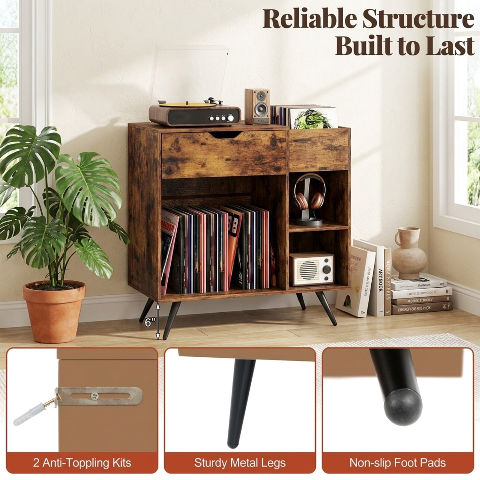 Furnibear Record Player Stand with Power Outlets USB Type-C Ports Drawer and Removable Divider Cubby for Living Room, Rustic Brown