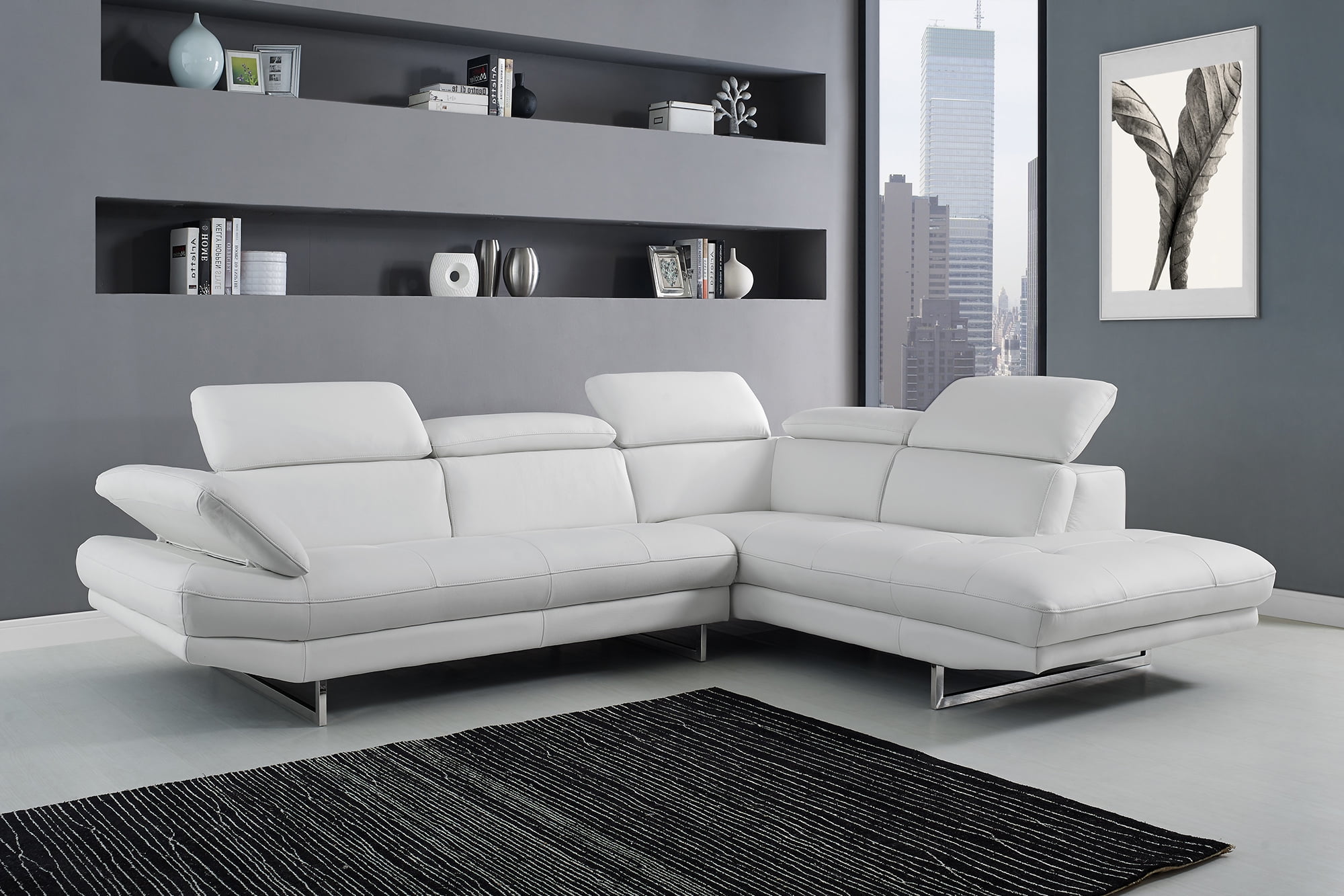 Sectional Chaise On Right When Facing White Top Grain Italian Leather ...