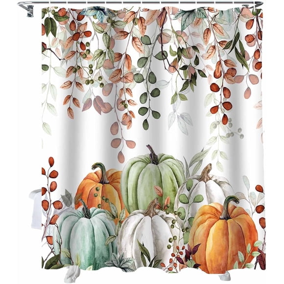 Rideau de Douche d'Automne, Citrouilles d'Automne Feuilles d'Eucalyptus Ensemble de Rideaux de Douche avec Crochets, Bleu Sauge Vert Orange Tissu Imperméable Rideaux de Salle de Bain Décor Accessoires de Maison, 72 X 72 Pouces de Long