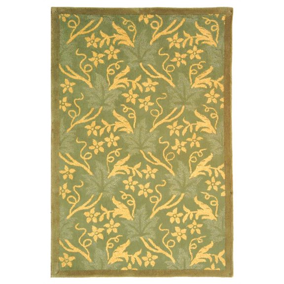 Wool Rug in Green with Tan Flowers (1 ft. 8 in. x 2 ft. 6 in.)