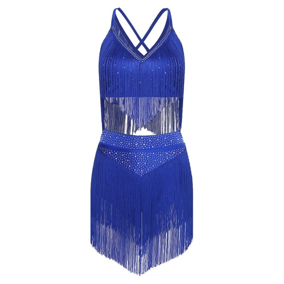 renvena 2 Pcs Justaucorps de Danse Lyrique Latine pour Femmes à Bretelles Spaghetti Haut Court de Danse avec Pompon Danse Bleu m