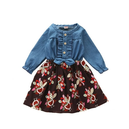

Honeeladyy Toddler Kids Baby Girls Thanksgiving Turkey Cartoon Print Dress Princess Outfits Blue