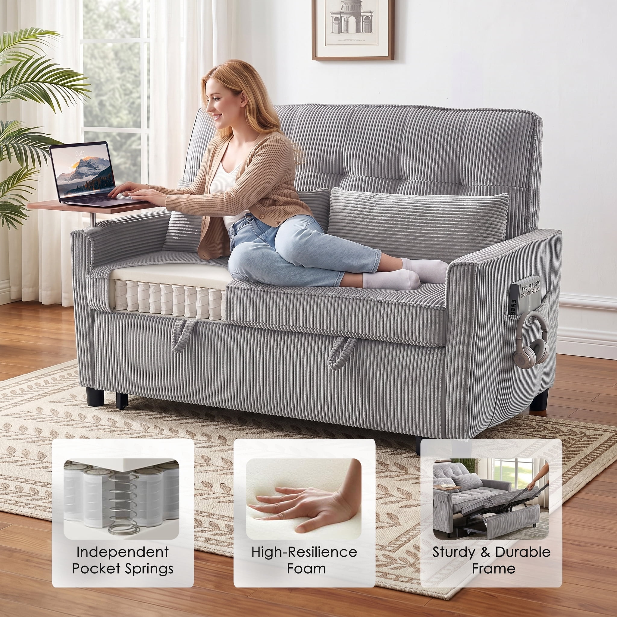 avobird 54'' 3 in 1 Pull Out Sofa Bed, Convertible Couch with Adjustable Backrest/Side Pockets/USB Charging Ports, Sleeper Sofa with small table for Living Room, Light Gray