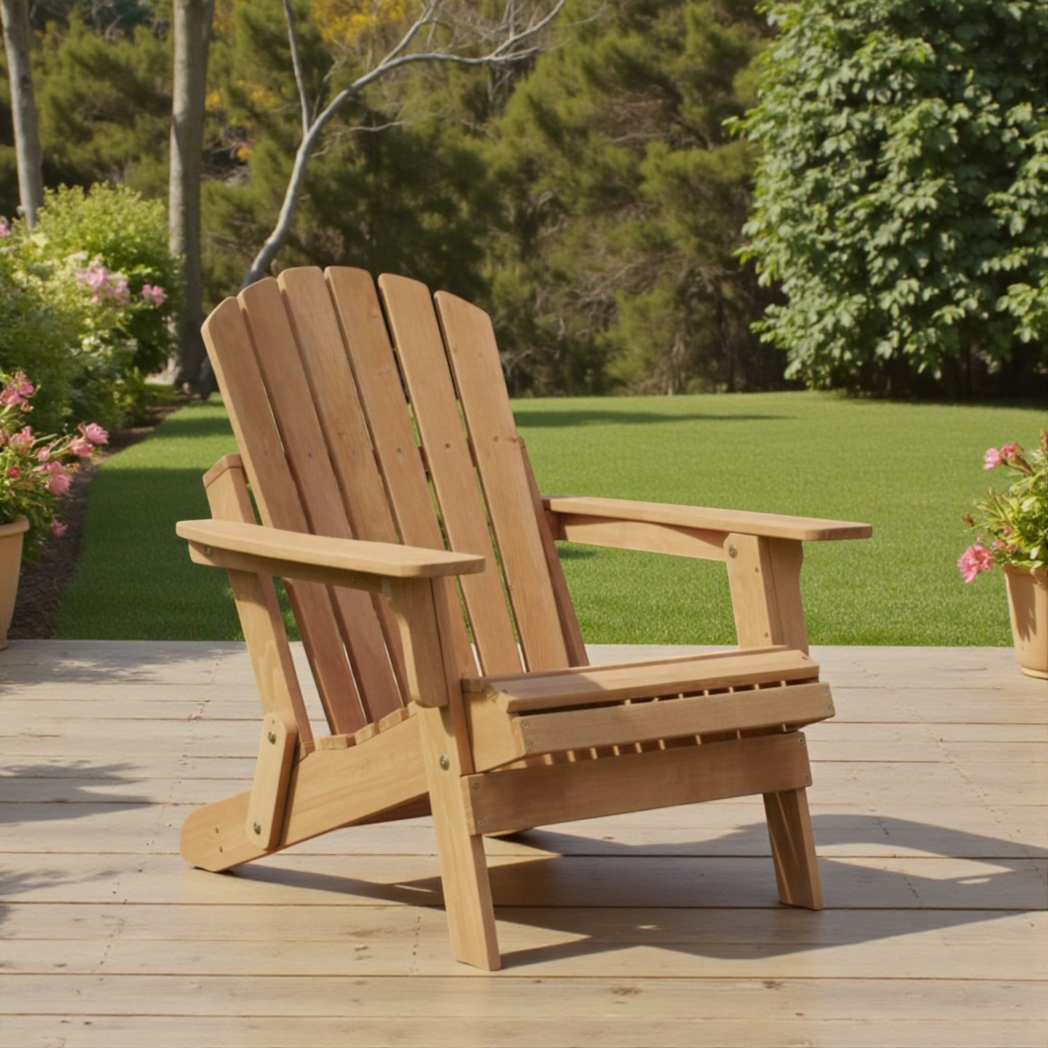 Tcbosik Folding Adirondack Chair, Wooden Lounge Chair for Backyard, Lawn, Porch, Patio, 330 lbs Capacity, Light Brown