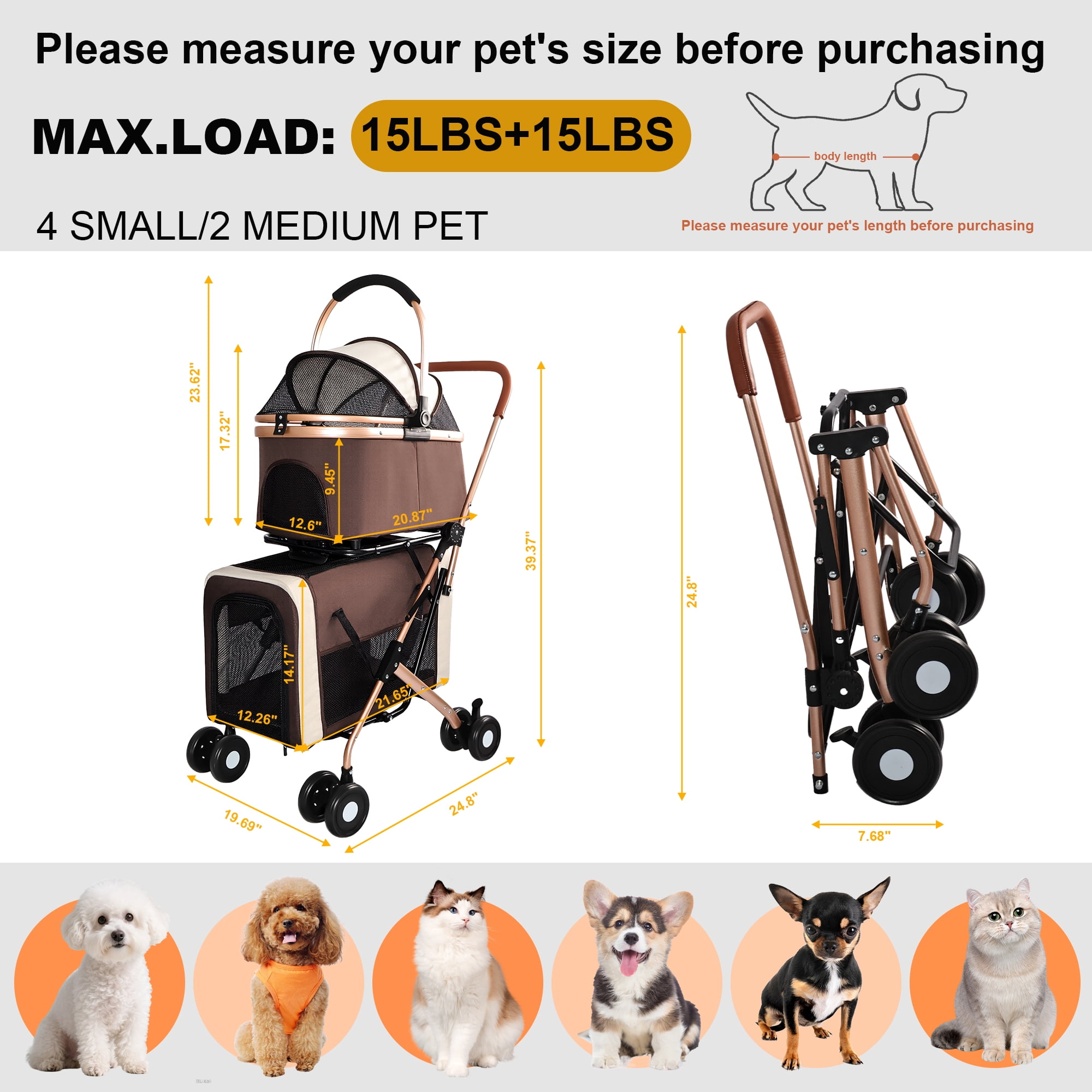 3-in-1 Double Layer Pet Stroller with Detachable Baskets & Handbag, Each Layer Holds 15 LBS, Shockproof 360° Swivel Lockable Wheels, Dual-Button Foldable for Small Dogs Cats Rabbits