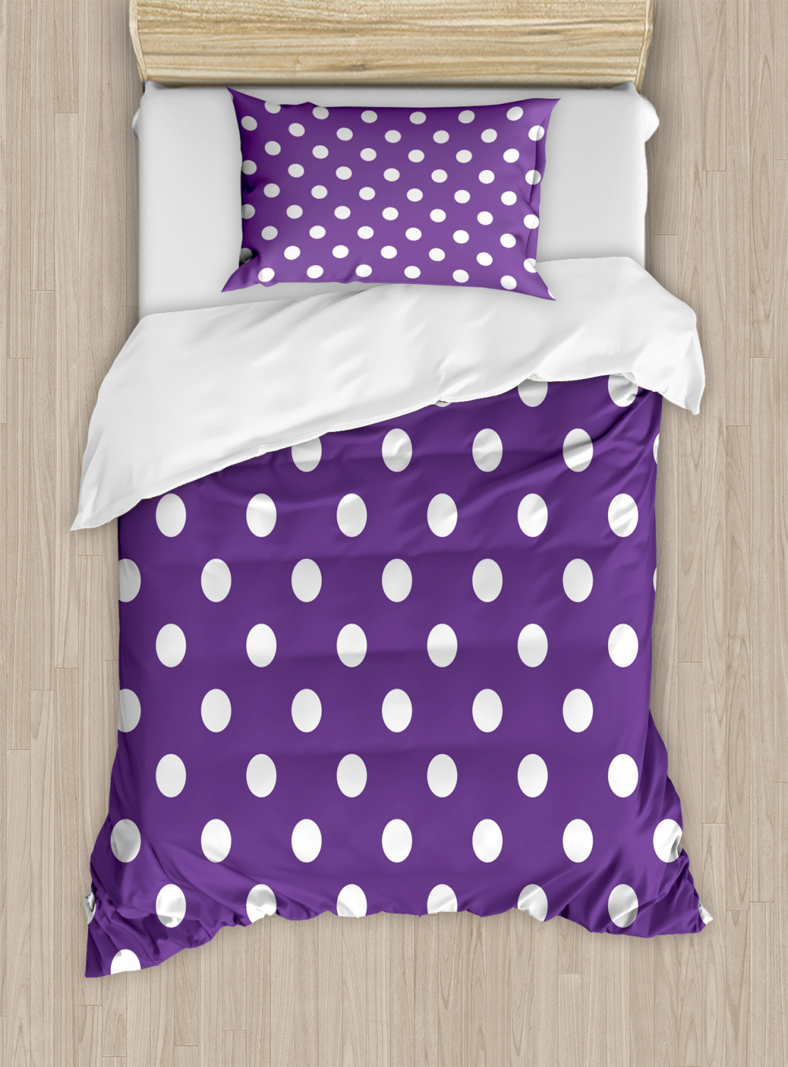 Eggplant Twin Size Duvet Cover Set, Polish White Orderly Polka Dots and