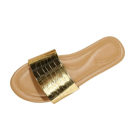 

Ladies Fashion Summer Solid Color Leather Round Head Flat Casual Beach Slippers