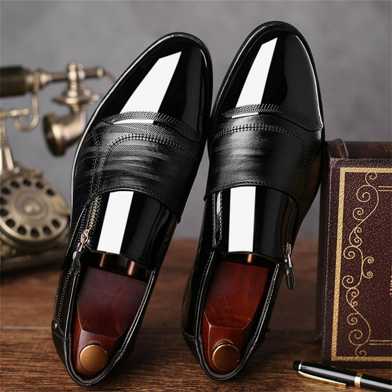 Rokment Mens Oxfords 2026 Spring Fall Leather Zip up Pointed Toe Banquet Tuxedo Wingtip Dress Shoes for Business Office Bridegroom Wedding Black Size