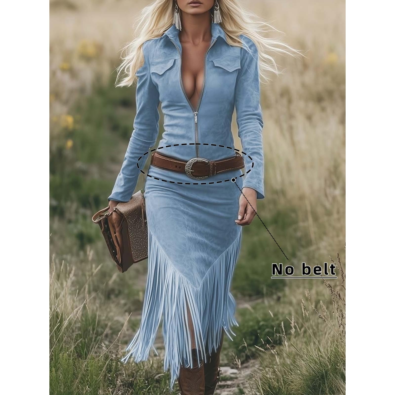 Women's Western Cowgirl Suede Dress Vintage Long Sleeve Slim Fit Fringe Dress Zip Collared Vacation Outfits without Belt