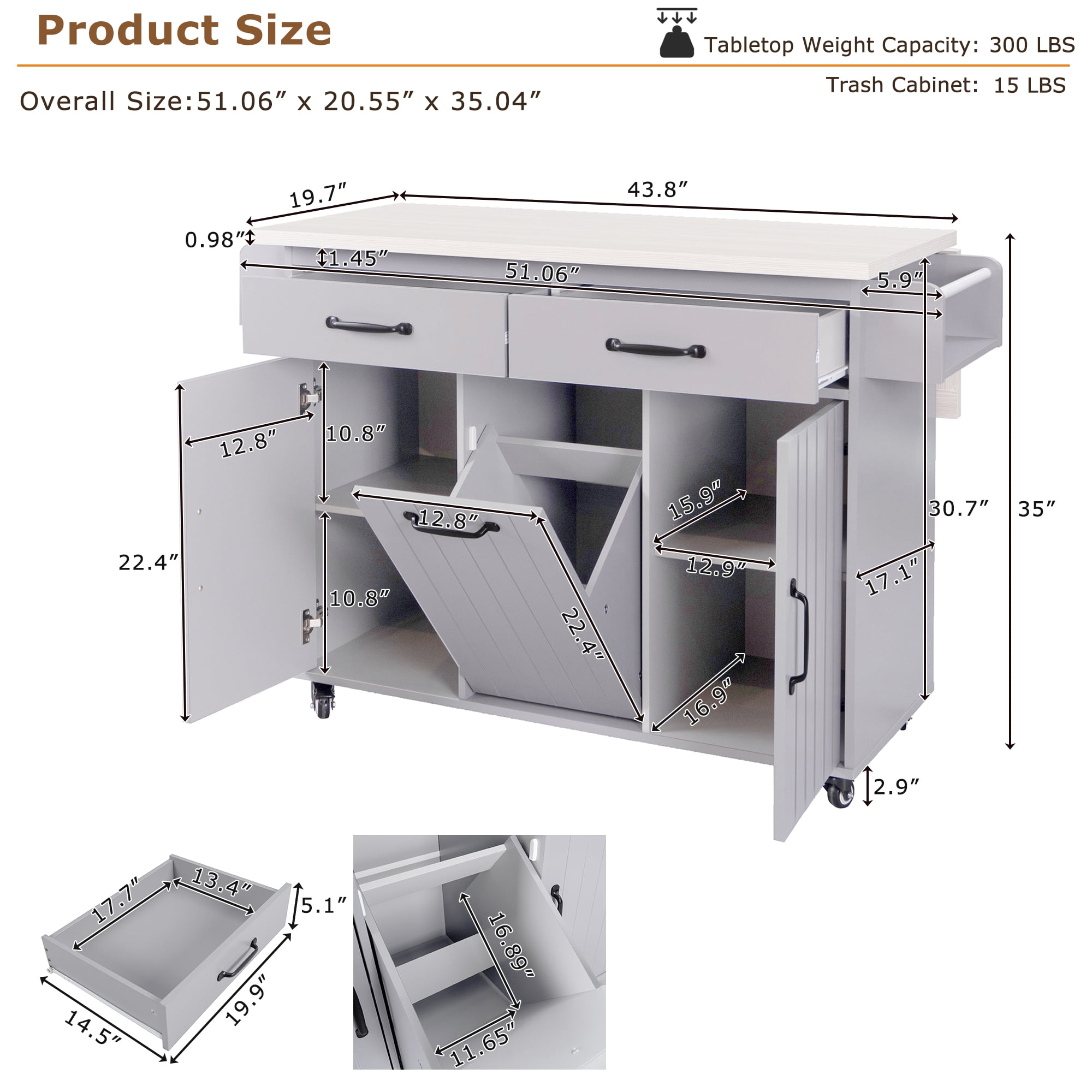 Aukfa Rolling Kitchen Island Table on Wheels with Drop Leaf & Trash Can, Storage Cabinet, Gray
