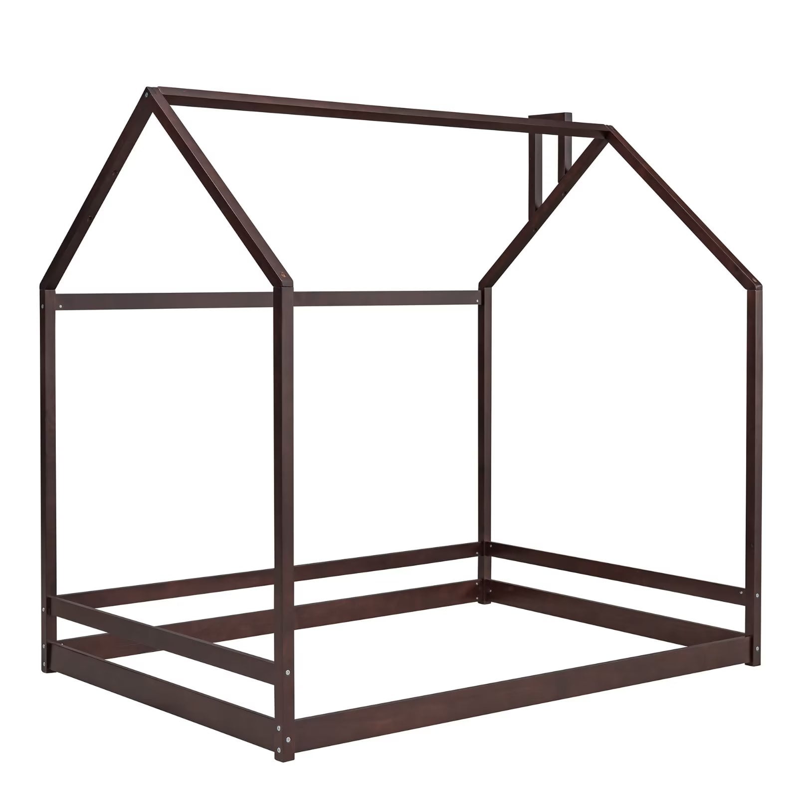 Full Size Kids Bed Frame, Solid Wood Playhouse Floor Bed with Slatted