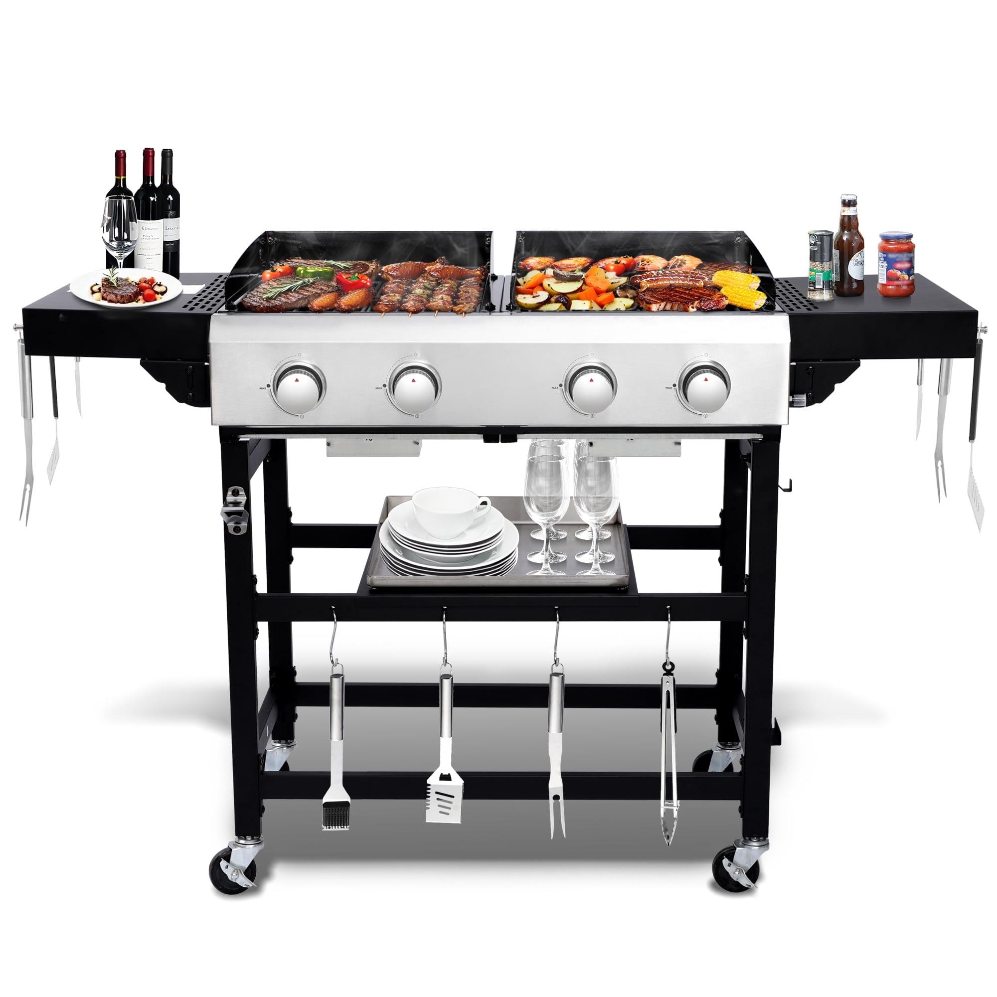 4 Burner Propane Gas Grill and Griddle Combo with Foldable Side Table, 470 sq in Cast Iron Grate & 248 sq in Flat Top, 38,200 BTU Outdoor BBQ Grill for Outdoor, BBQ, Camping