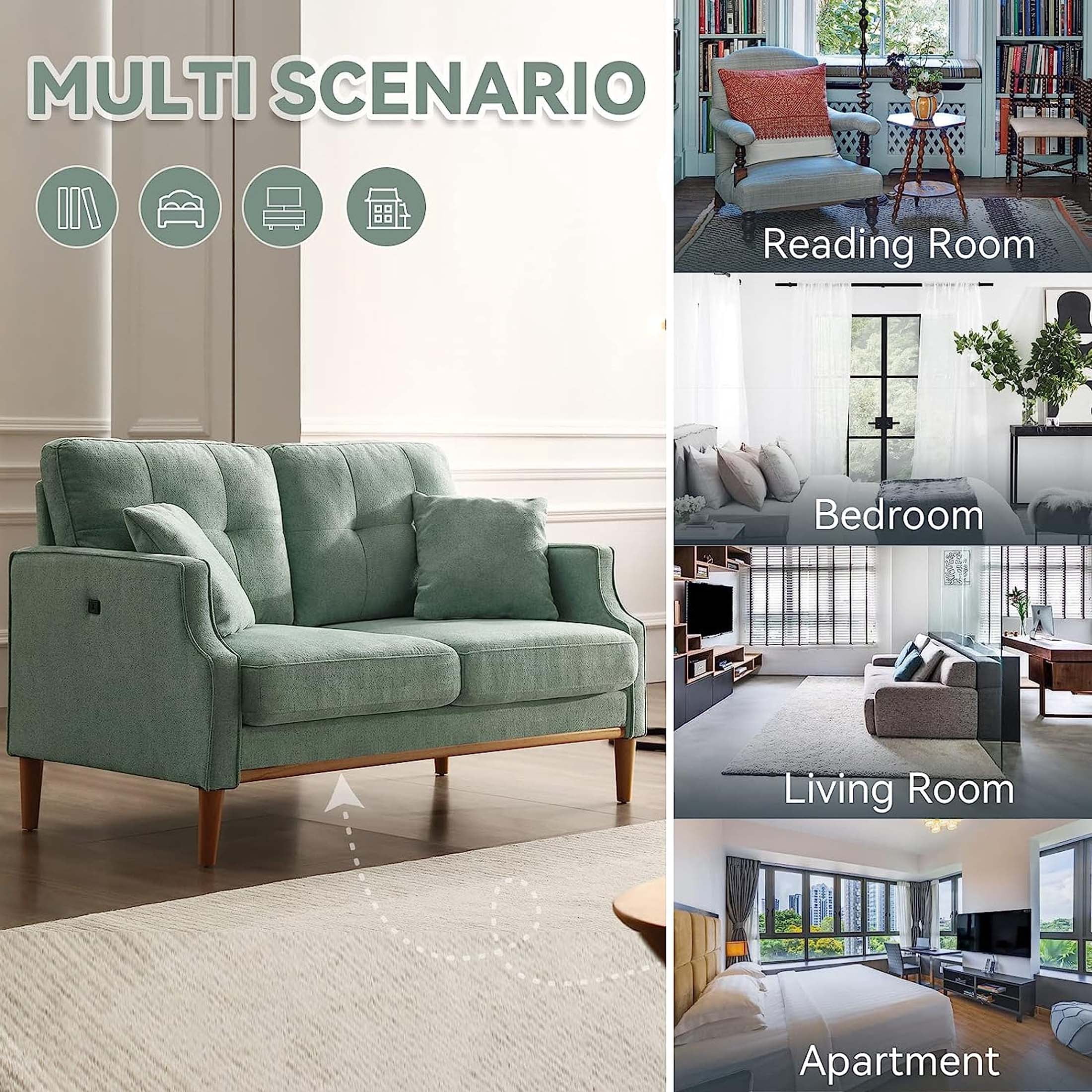 DEALTOPS Small Couch with 2 Pillows, 57'' Accent Loveseat Sofa, Comfy Green Couch for Living Room, Bedroom