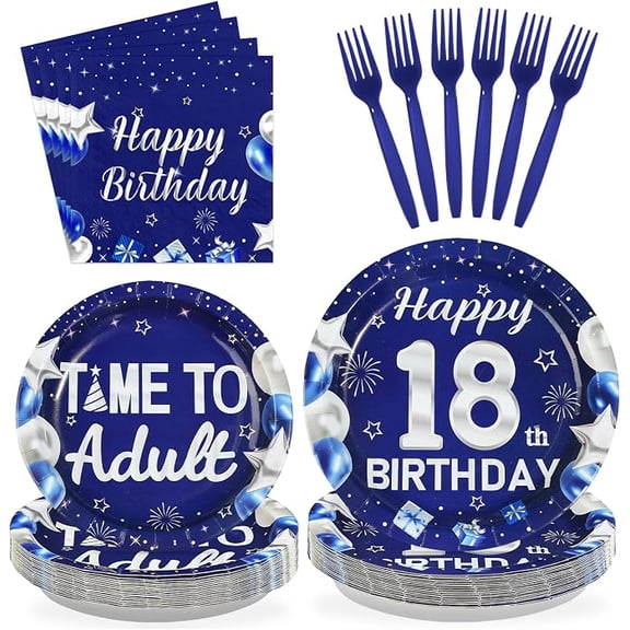 18th Birthday Tableware Set 96 Piece Blue and Silver