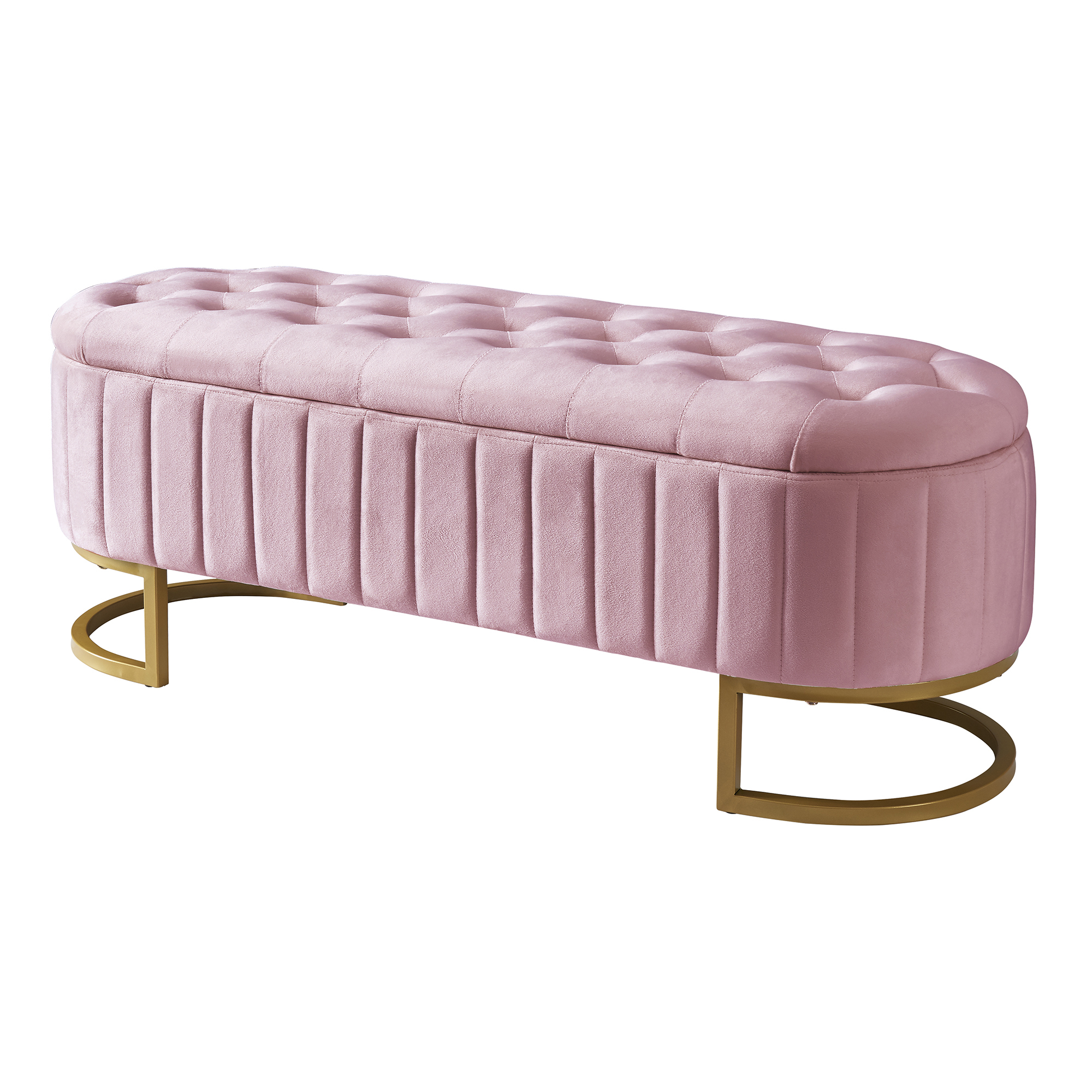 Euroco Upholstered Velvet Storage Ottoman Bench,End of Bed Bench with Metal Legs,Storage Chest for Bedroom,Living Room,Entryway,Pink