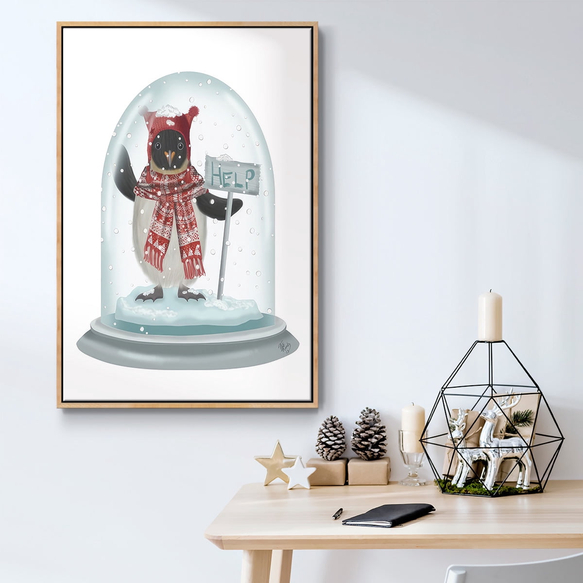 Christmas Penguin Snow Globe - Framed Gallery Wrapped Holiday Canvas - 27 x 41 - Natural Wood Frame