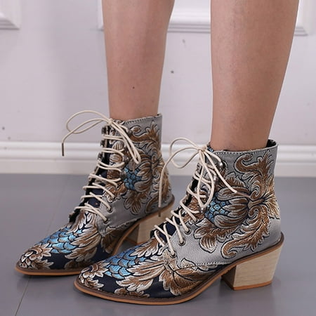 

Ankle Boots Boots Heels Boots Toe Embroidery Cloth Lace Up Women Shoes Retro Pointed Hight Women s Boots