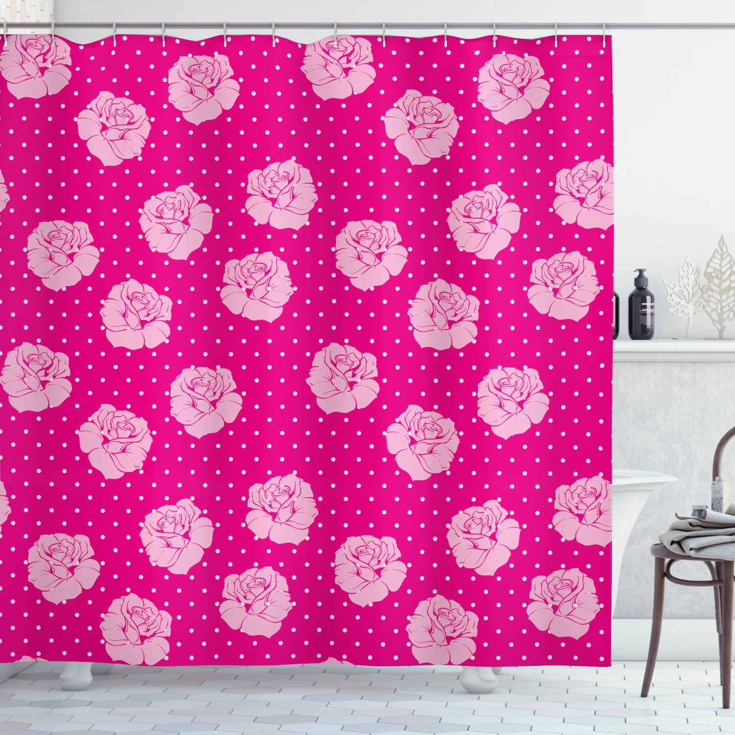 Ambesonne Hot Pink Shower Curtain, Vintage Roses Love Dot, 69"Wx84"L