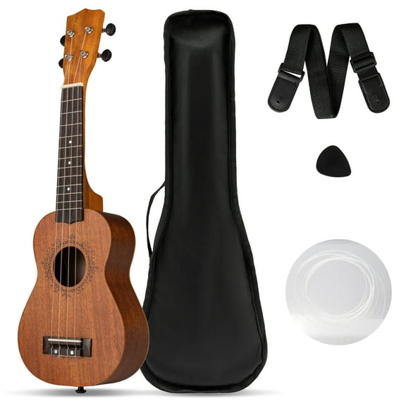 Gymax 21'' Soprano Mahogany Wooden Ukulele Set w/ Gig Bag Pick Adjustable Strap