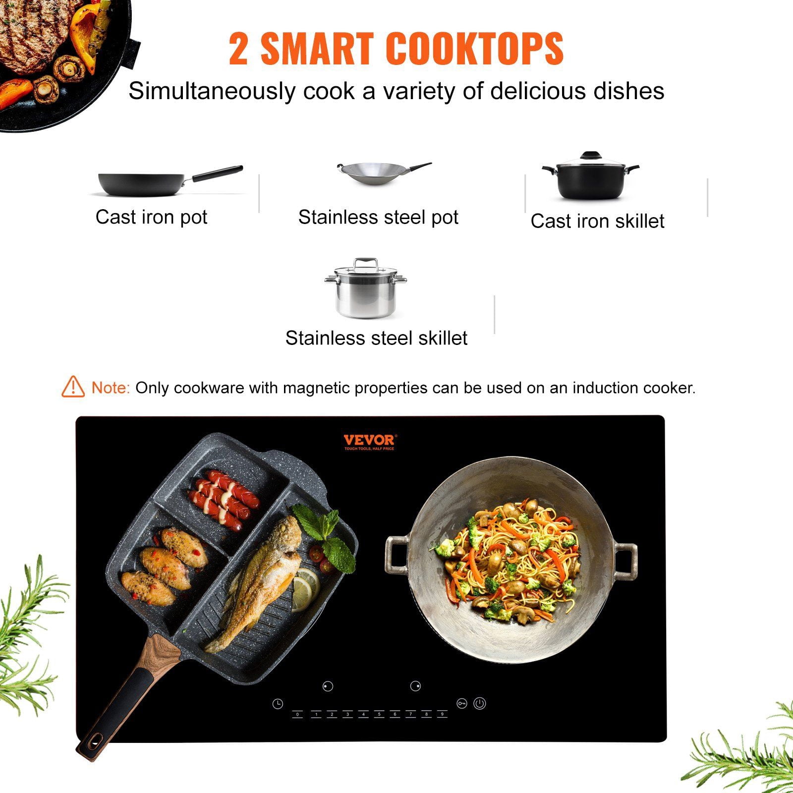 24 Inch 2 Burner Induction Cooktop Built In 1800W Magnetic Cooktop 9 Heating Levels LED Touch Screen Child Lock Over Temperature Protection