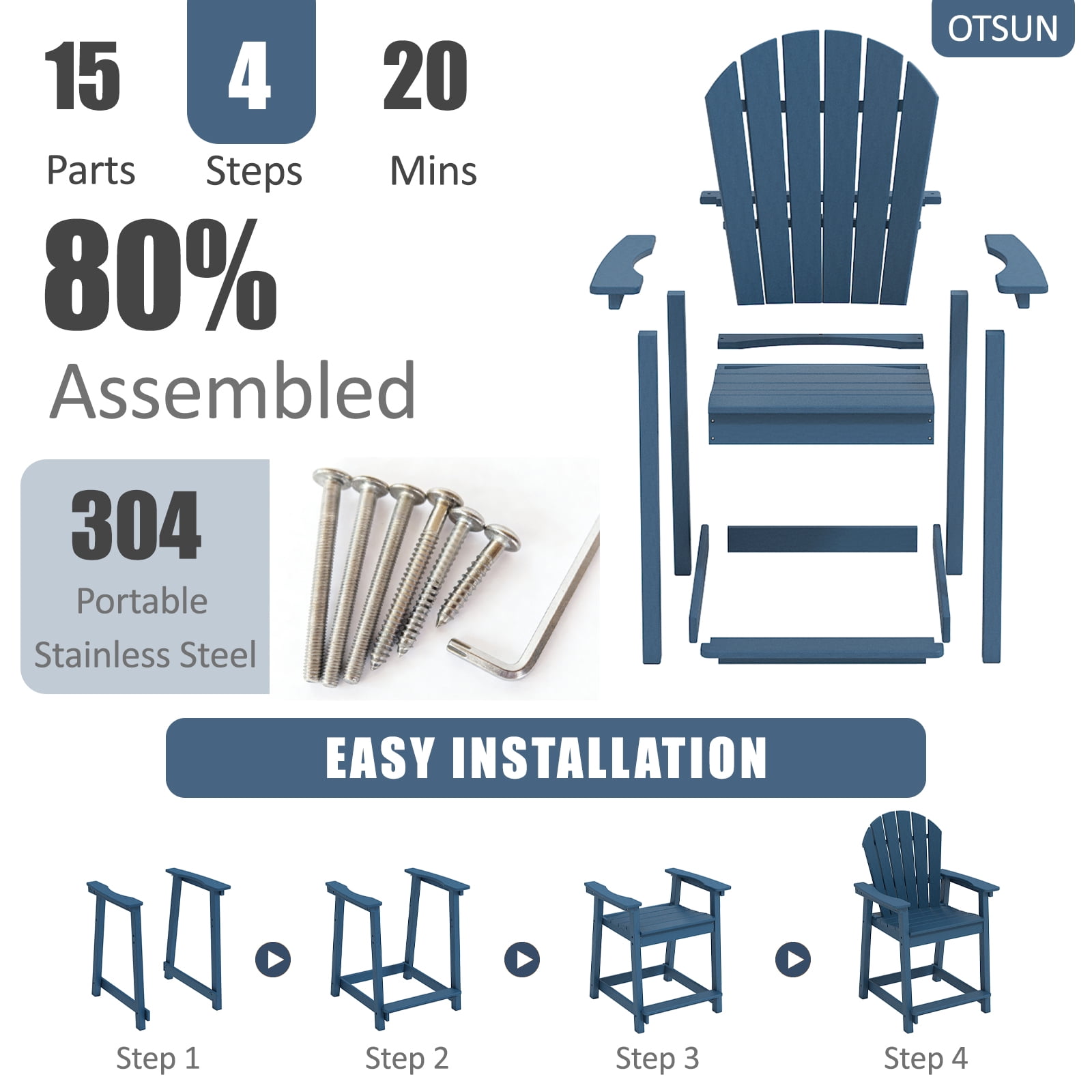 OTSUN Tall Modern Adirondack Chair, All Weather HDPE Bar Height Adirondack Stools Widened Durable Design for Porch Patio Yard Lawn Fire Pit Bistro Basement Indoors & Outdoors