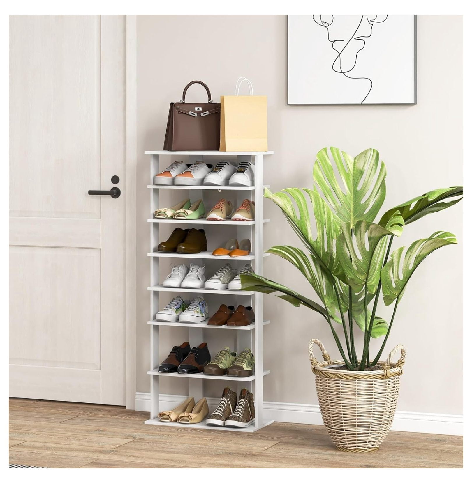 7 Tiers Vertical Shoe Rack, Wooden Slim Shoe Storage Shelf, Narrow Shoe Stand Tower for Boots, Space Saving Shoe Organizer for Closet, Entryway, Front Door (Large, White)