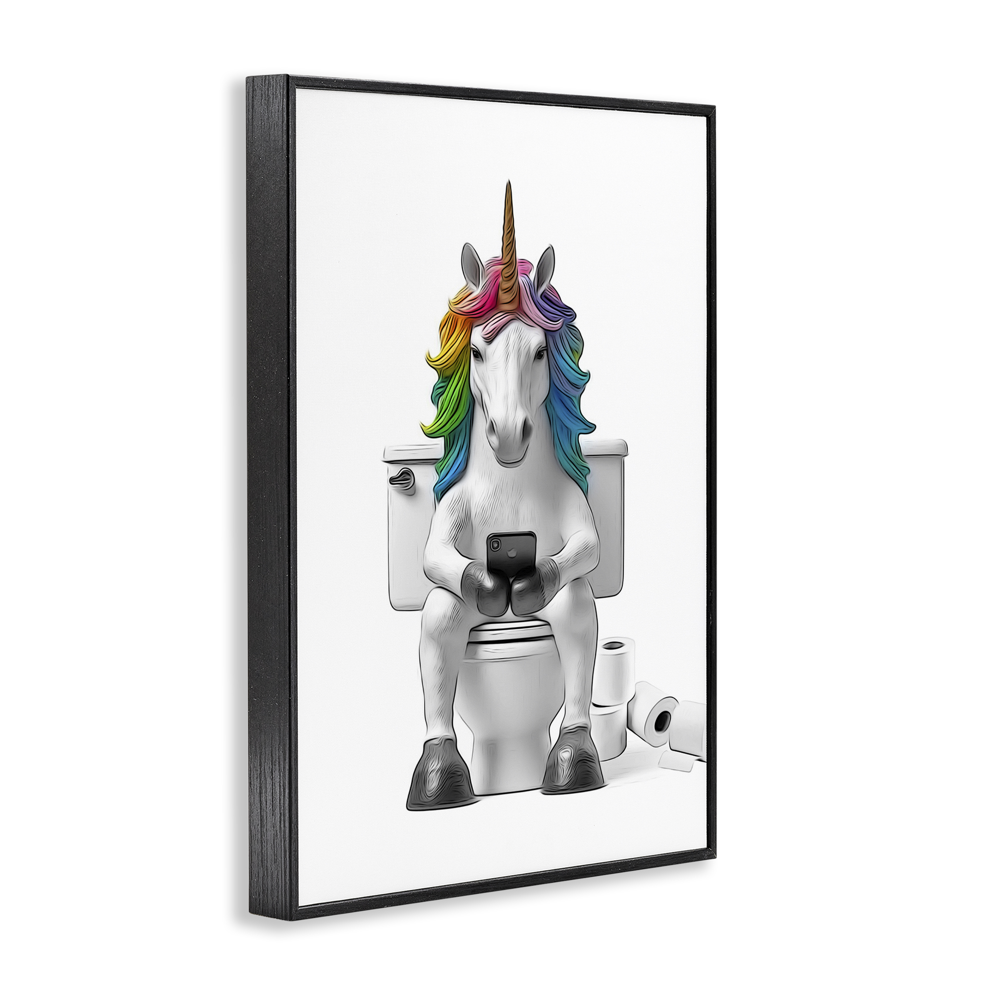 Stupell Industries Unicorn Texting on Toilet Typography Painting Black Framed Art Print Wall Art, 20 x 30