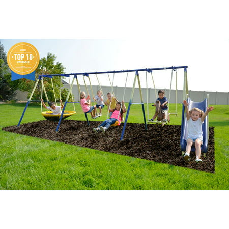 Sportspower Outdoor Super 8 Fun Metal Swing Set with 6ft Heavy Duty Slide, UFO Saucer Swing, and Rocking