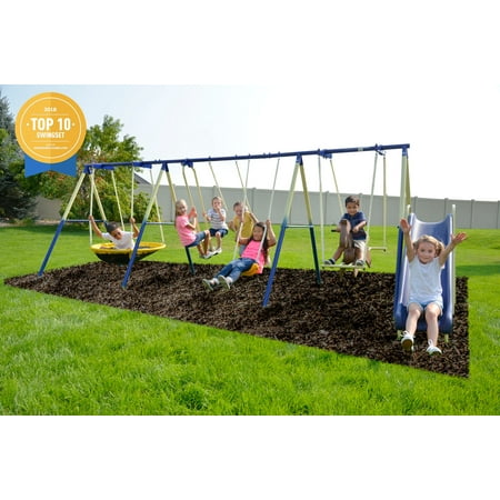 Sportspower Outdoor Super 8 Fun Metal Swing Set with 6ft Heavy Duty Slide, UFO Saucer Swing, and Rocking (Best Metal Swing Sets For Kids)