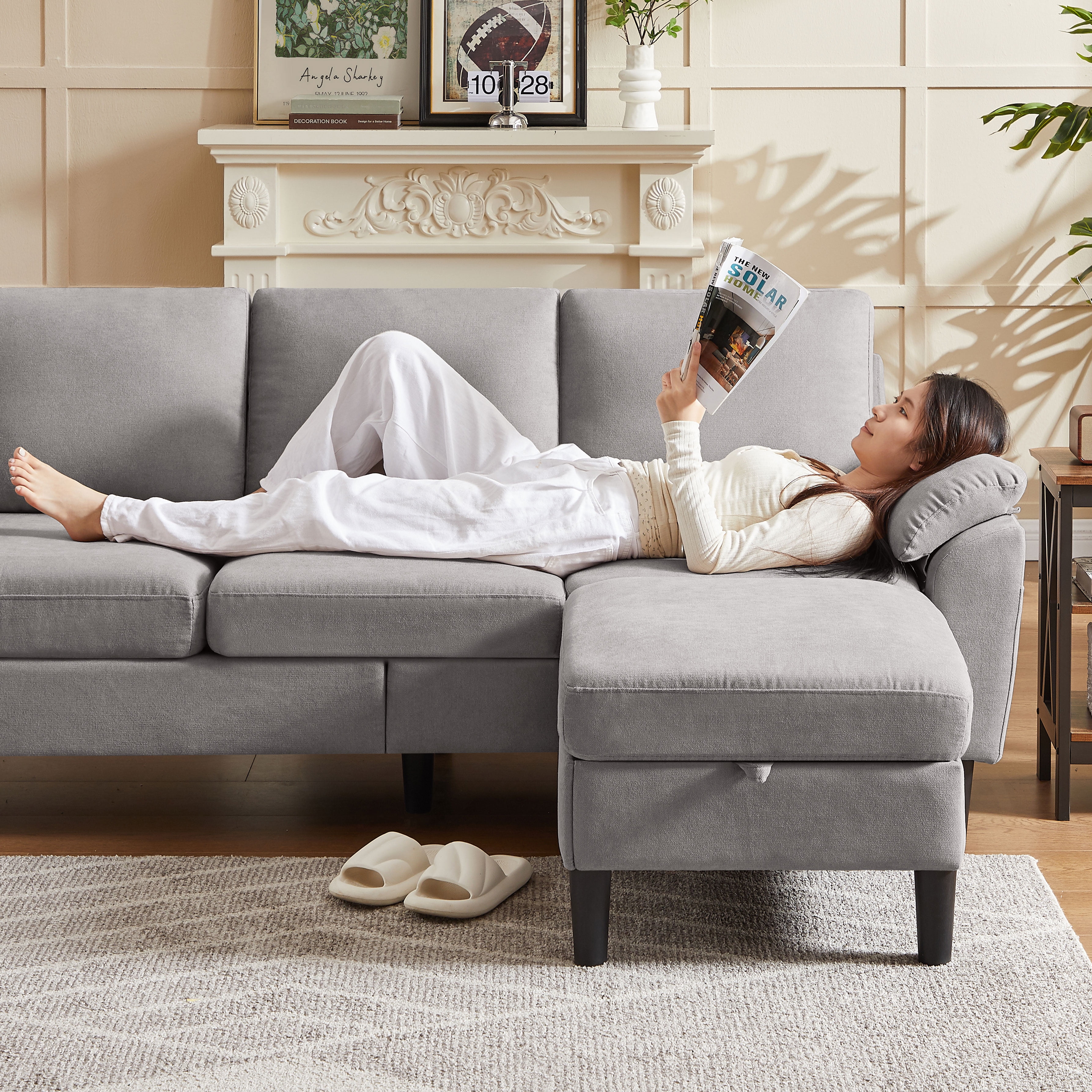 Jarenie 80" Convertible Sectional Sofa, Small L Shaped 3 Seat Couch with Reversible Storage Chaise, Modern Polyester Fabric Sofa Couches for Living Room, Apartment and Small Space, Lightgrey