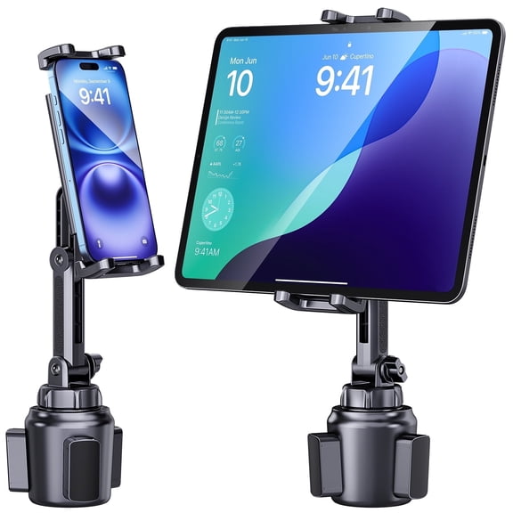 Cup Holder Phone Tablet Mount, 360° Rotatable and Strong Grip, Easy to install, Expander Adjustable Long Arm for Car(Black)