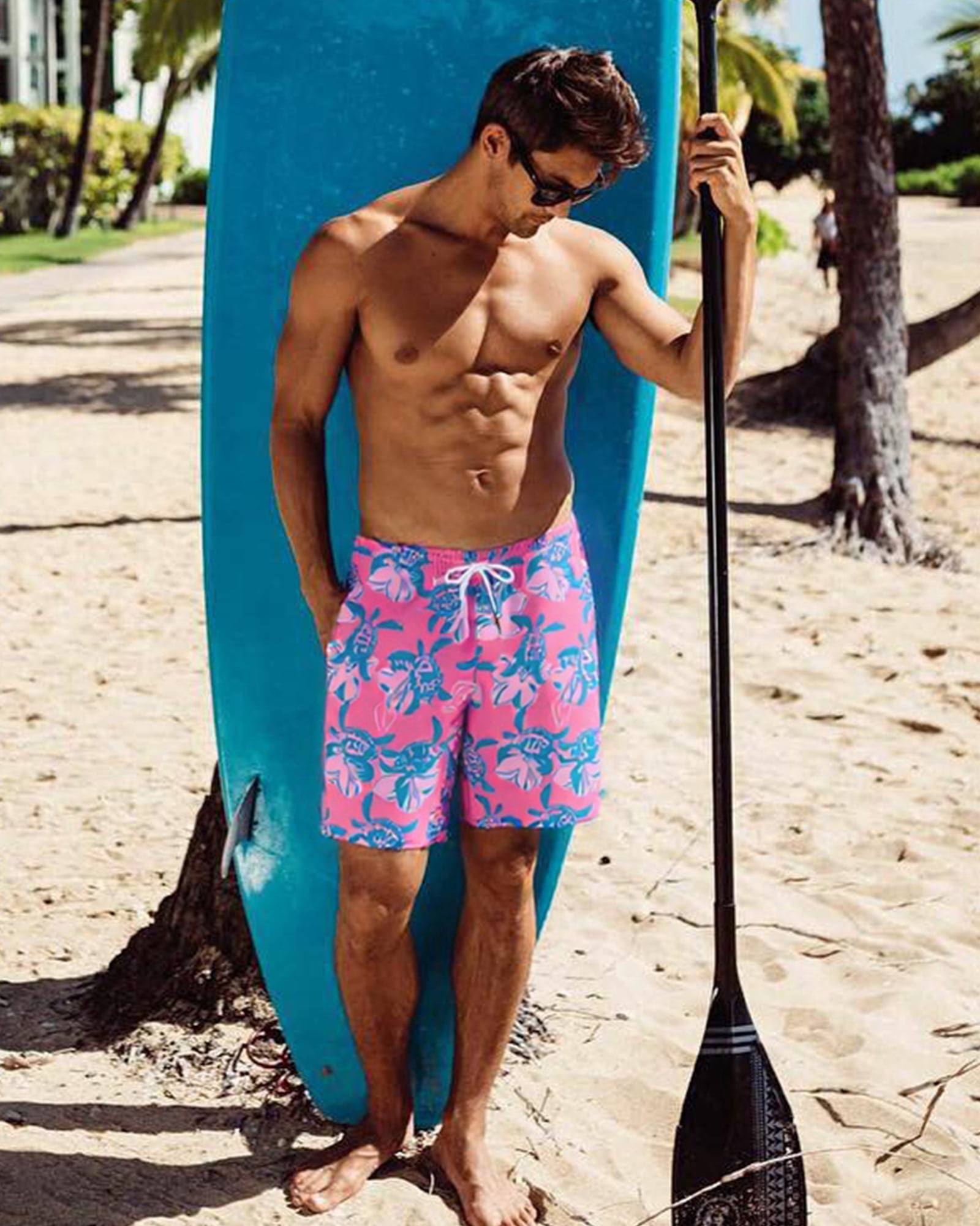 SURF CUZ Mens Swim Trunks with Compression Liner Quick Dry Swim Shorts 7" Swimming Trunks Stretch Bathing Suit Boardshorts Zipper Pockets Pink Blue Turtles Large