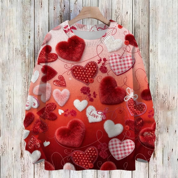 Dwralegc Womens Valentines Day Sweater Heart Graphic Fashion Sweater Long Sleeve Crew Neck Plus Size 2026 Cute Pullover Tops Deep Red XL