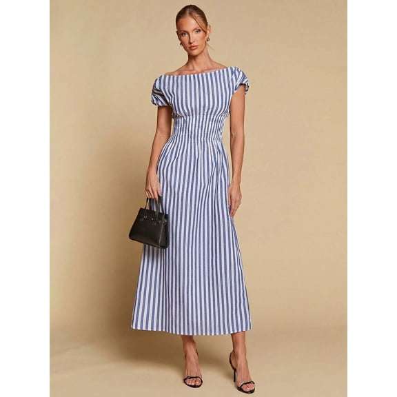 Blue And White Striped Off-Shoulder Cinched Waist Midi Dress For Women