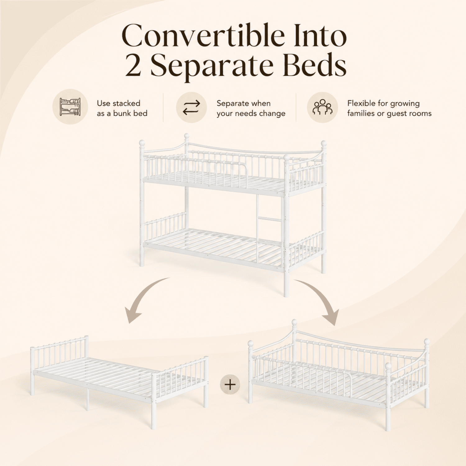 Miniyam Twin XL over Twin XL Metal Bunk Bed Frame with Curved Guardrails and Ladder, Space Saving Design, White