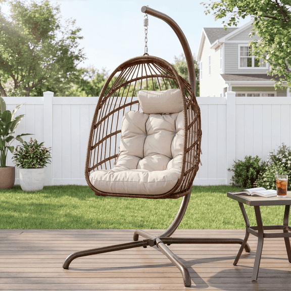 RADIATA Outdoor Foldable Hanging Egg Chair with Stand, PE Wicker Indoor Outdoor Swing Chair with 5" Cushion and Headrest, 350 lbs Capacity, Brown