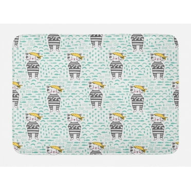 Cartoon Bath Mat, Kittens with Bandana on Pastel Toned Fishes and Waves Background, Plush Bathroom Decor Mat with Non Slip Backing, 29.5" X 17.5", Pale Green Yellow, by Ambesonne