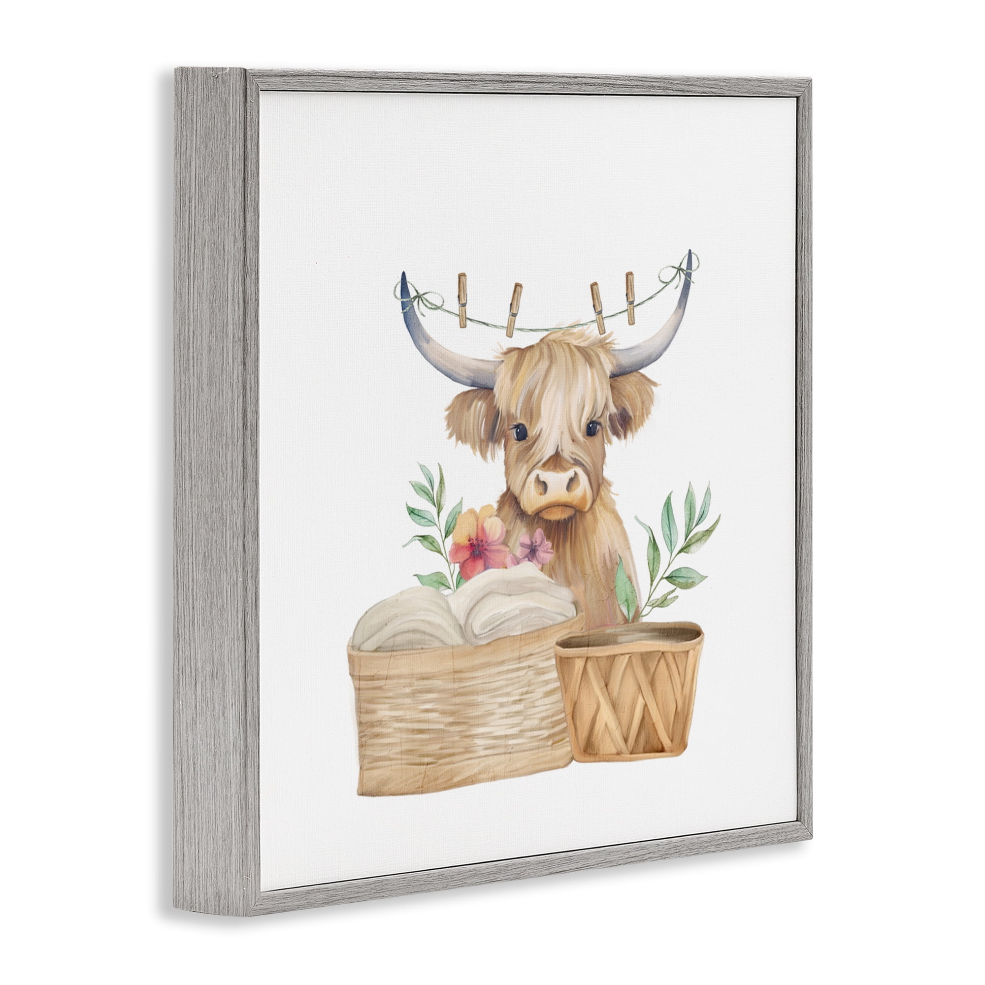 Laundry Day Baby Cattle Gray Framed Giclee Art, design by Kim Allen