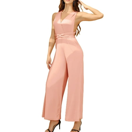 Sprifallbaby Women s Summer Long Casual Jumpsuit Solid Color Sleeveless V Neck Backless Bandage Bodysuit