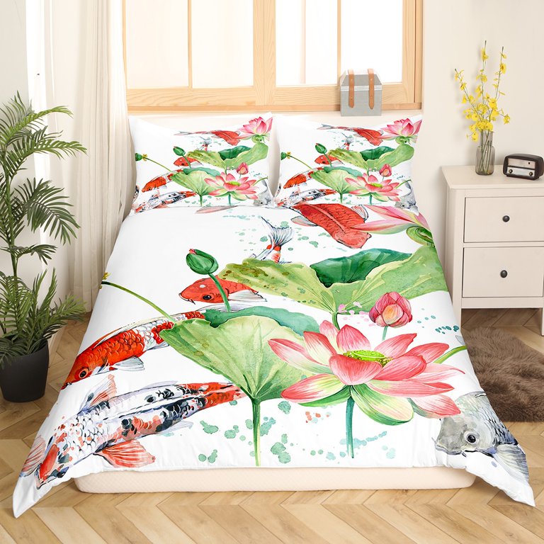 Koi Fish Bedding Sets Queen Red Carp Fishing Comforter Cover, Pink