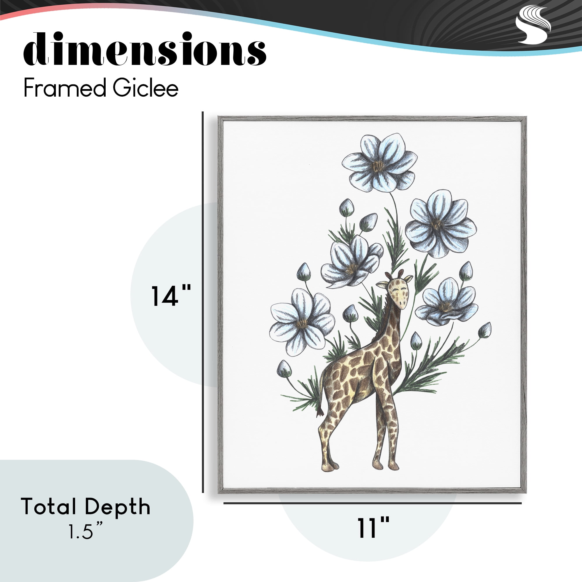 Giraffe with Flower Blossoms Gray Framed Giclee Art, design by Cecilia Battaini