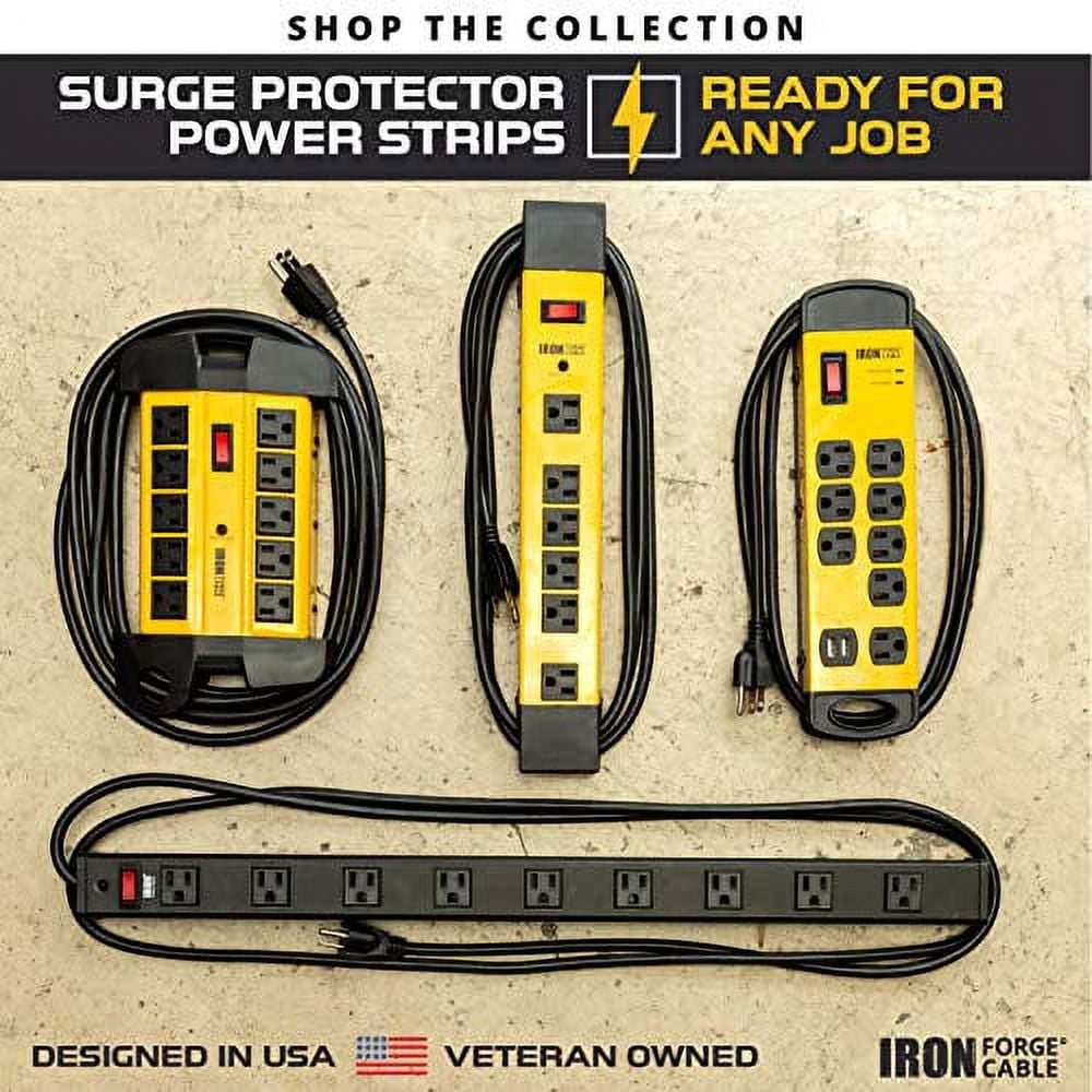 Iron Forge Cable 10 Outlet Heavy Duty Surge Protector Power Strip with Built-in Circuit Breaker, 14/3 SJT Black & Yellow with 15 ft Extension Cord