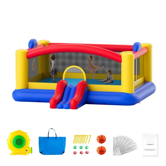 KFFKFF Air-filled Jumping Castle, Superior Outdoor Trampoline Playhouse, Bounce Structure with Air Pump, Slide, and Carry Pouch, Ideal for Children Aged 3-10 Years, Dimensions 177x173x80 inch