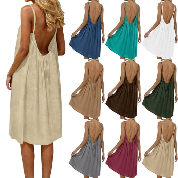 Vibrex Womens Dresses Fashion Women Summer Round-Neck Casual Solid Sleeveless Sleepshirts Sling Backless Dress Beach Sun Dresses 02-Khaki_XL